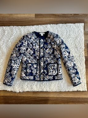 Rachel Zoe Blue and White Floral Quilted Jacket